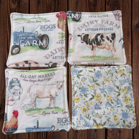 Fabric Coasters, Set Of 4, Farm Animal Reversible Country Floral Mug Rugs - Picture 8 of 9
